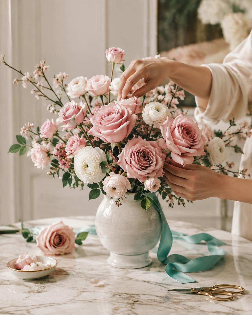 A florist arranging pink roses