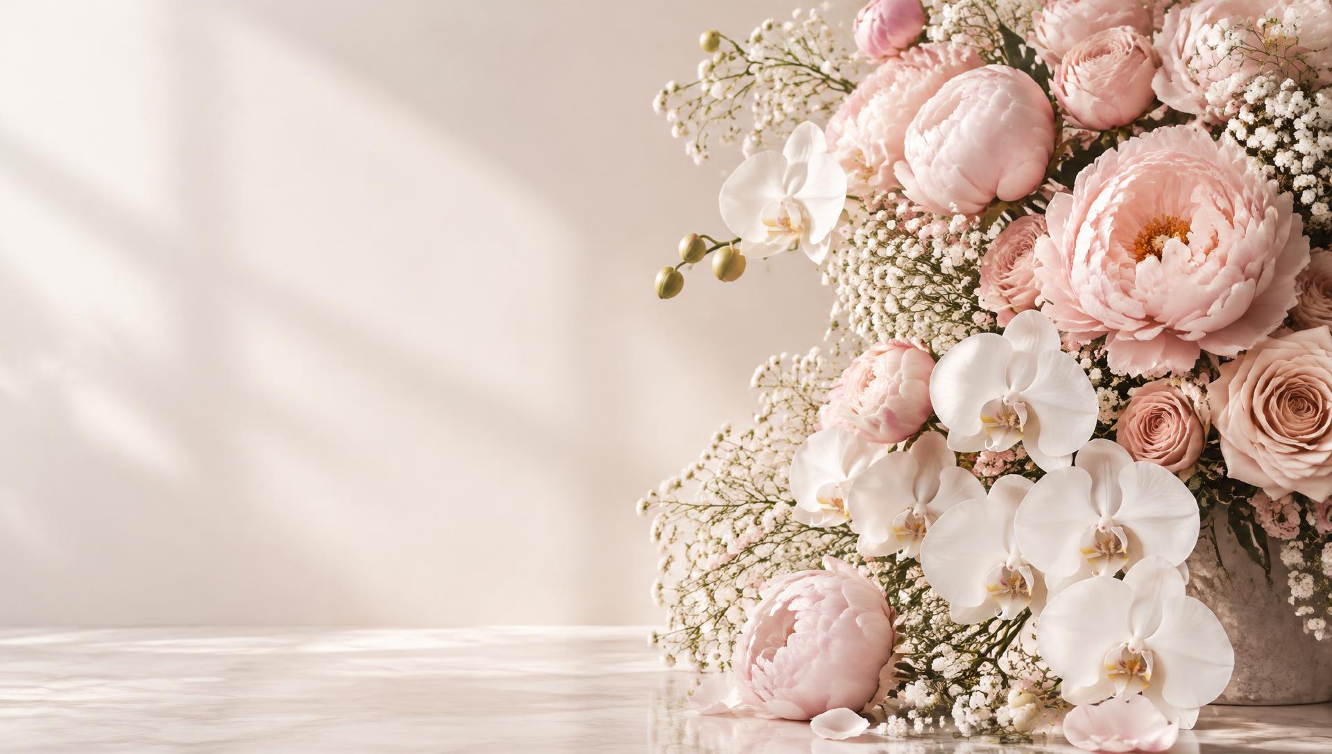 Blush peonies, roses and white orchids
